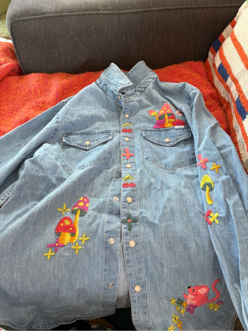 MOTHER Light Blue Denim Button-Down Shirt with Colorful Embroidered Mushrooms